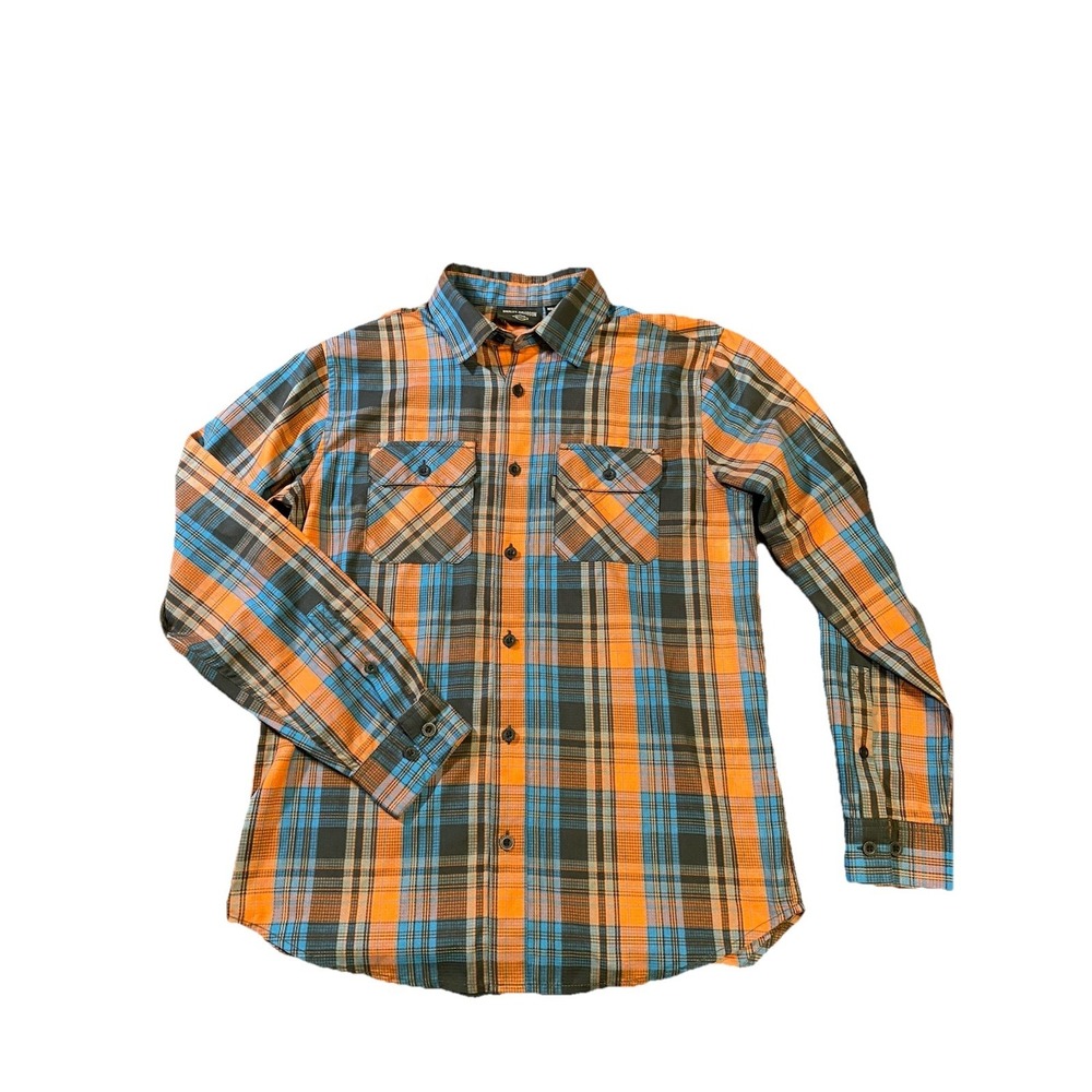 Harley Davidson Men M Performance Plaid Shirt Long Sleeve Orange Blue Back Logo - Picture 2 of 9